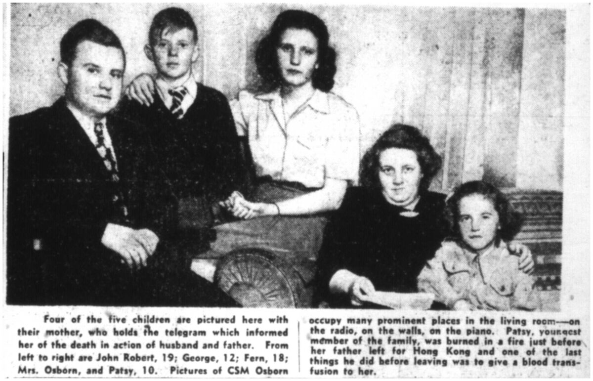 Newspaper photograph of Mrs. Osborn and four children after news of CSM Osborn's death