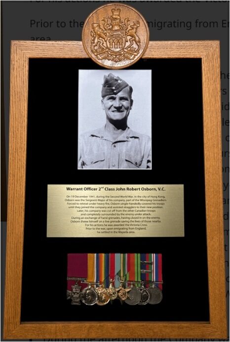 Framed memorial with portrait, plaque, and medals of John Robert Osborn, VC